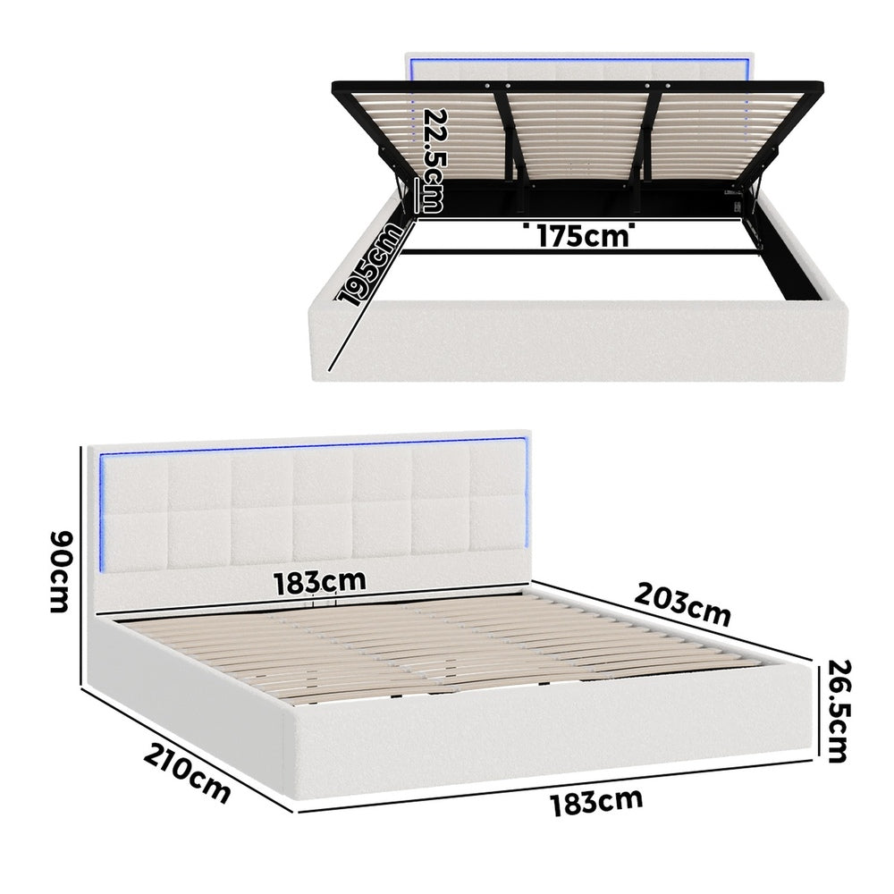 Bed Frame King Single & Double Size RGB LED Gas Lift Storage Base White Boucle