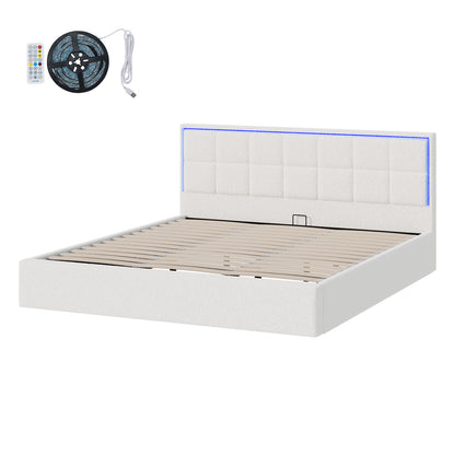 Bed Frame King Single & Double Size RGB LED Gas Lift Storage Base White Boucle