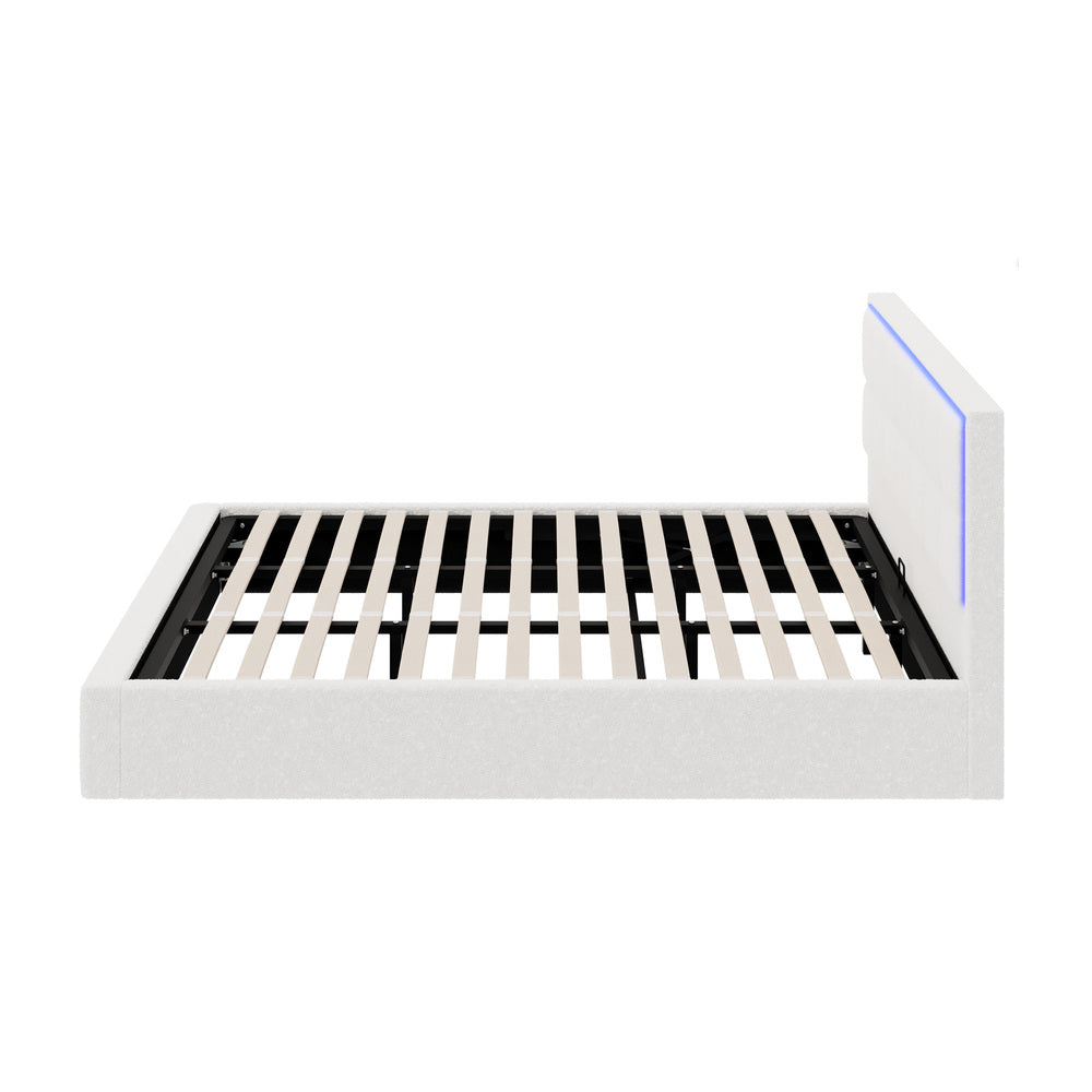 Bed Frame King Single & Double Size RGB LED Gas Lift Storage Base White Boucle