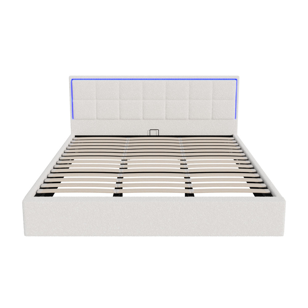 Bed Frame King Single & Double Size RGB LED Gas Lift Storage Base White Boucle