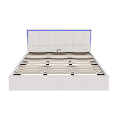 Bed Frame King Single & Double Size RGB LED Gas Lift Storage Base White Boucle