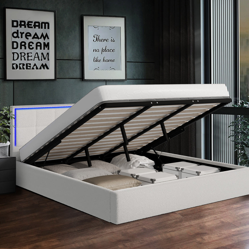 Bed Frame King Single & Double Size RGB LED Gas Lift Storage Base White Boucle