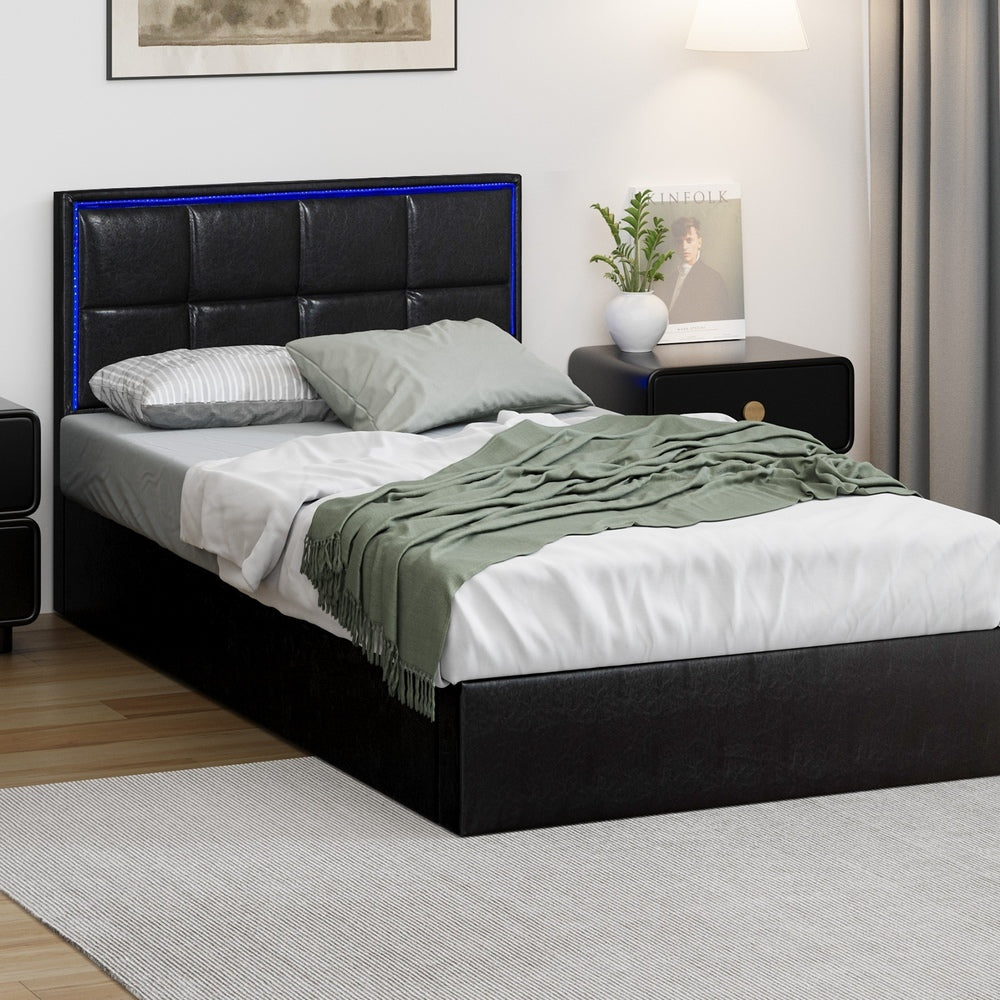 Bed Frame Double King & Single Size RGB LED Gas Lift Storage Base Leather