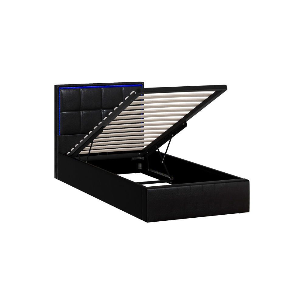 Bed Frame Double King & Single Size RGB LED Gas Lift Storage Base Leather