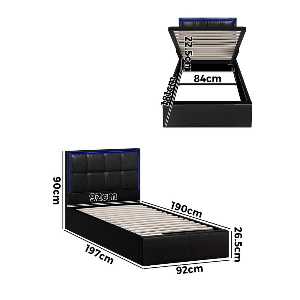 Bed Frame Double King & Single Size RGB LED Gas Lift Storage Base Leather