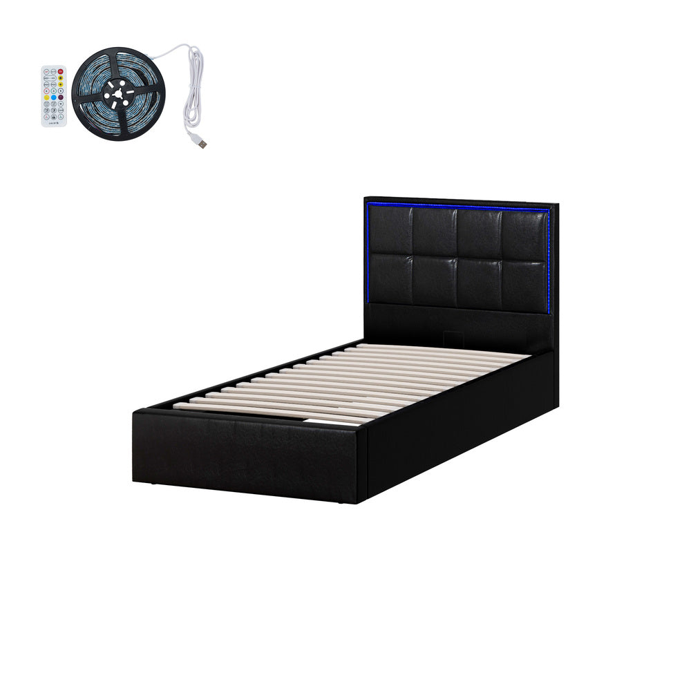 Bed Frame Double King & Single Size RGB LED Gas Lift Storage Base Leather