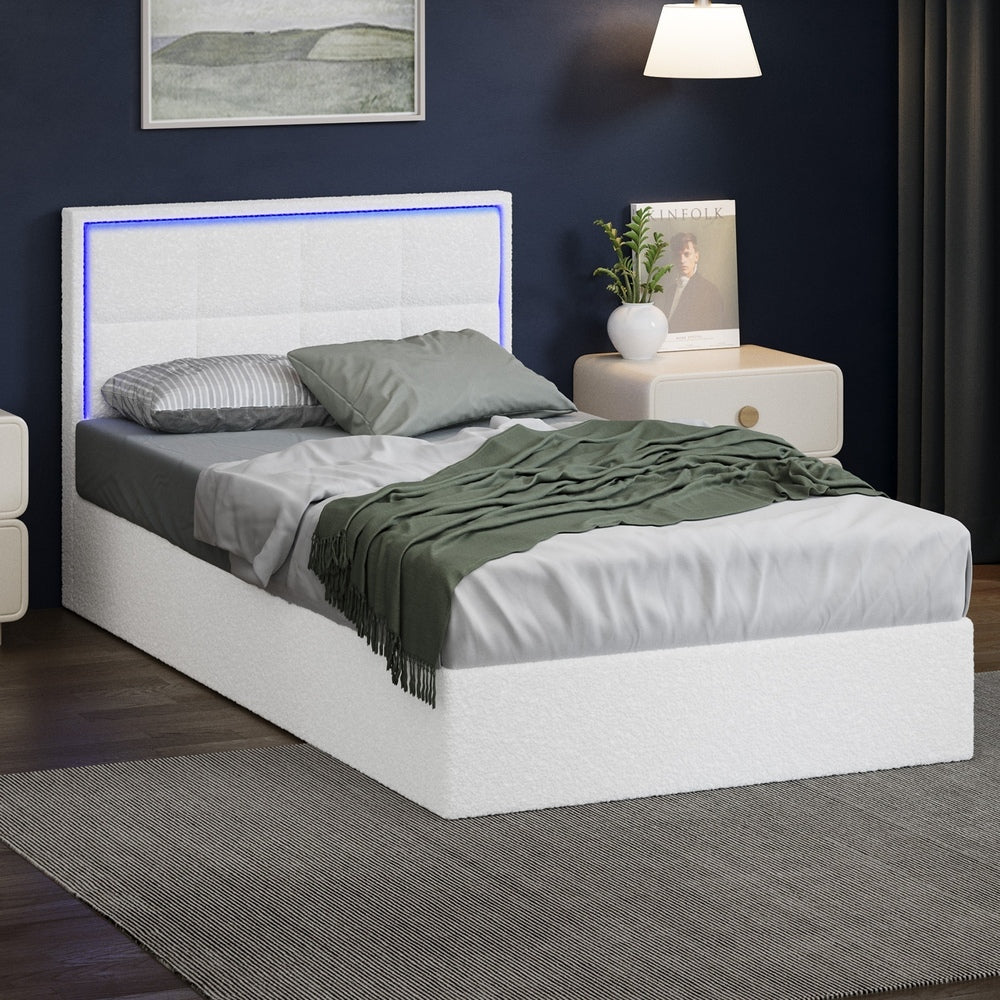 Bed Frame King Single & Double Size RGB LED Gas Lift Storage Base White Boucle