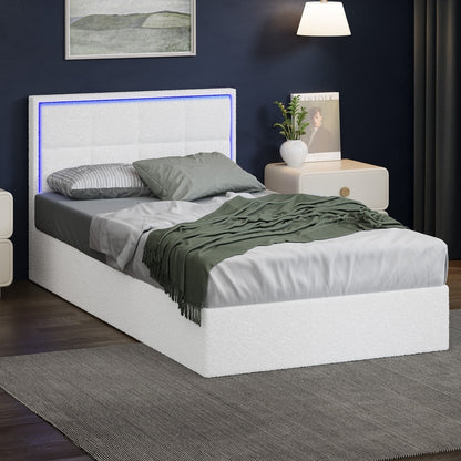 Bed Frame King Single & Double Size RGB LED Gas Lift Storage Base White Boucle