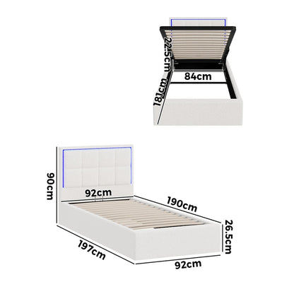 Bed Frame King Single & Double Size RGB LED Gas Lift Storage Base White Boucle