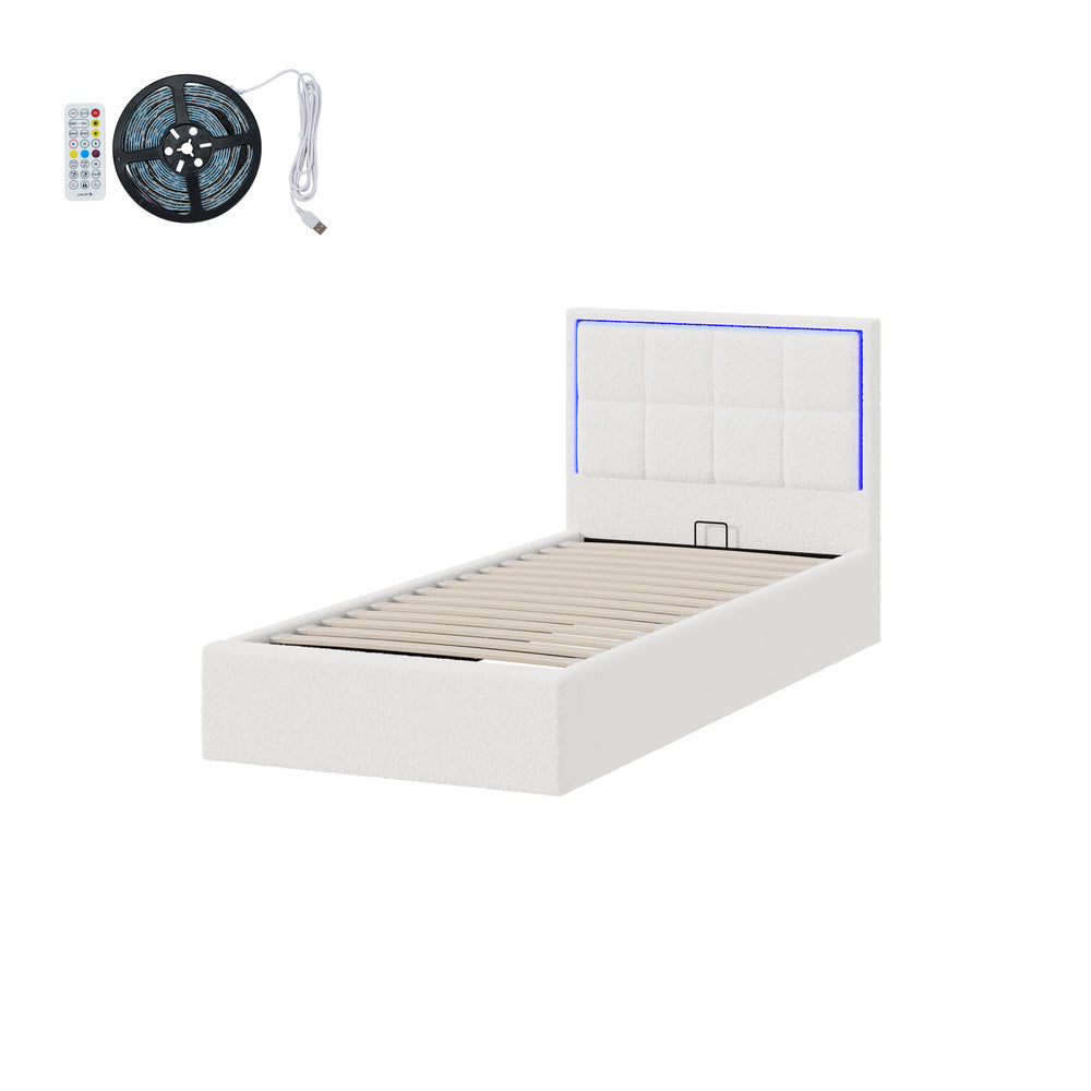 Bed Frame King Single & Double Size RGB LED Gas Lift Storage Base White Boucle