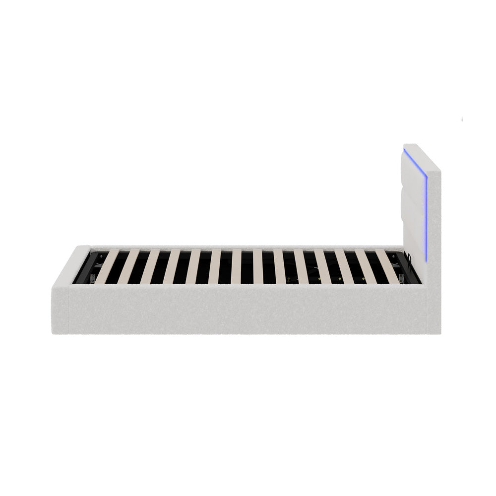 Bed Frame King Single & Double Size RGB LED Gas Lift Storage Base White Boucle