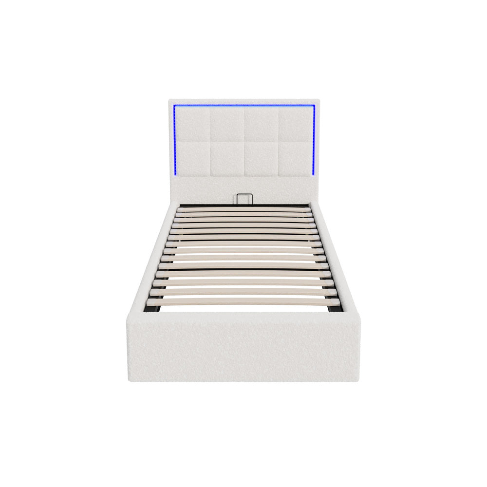 Bed Frame King Single & Double Size RGB LED Gas Lift Storage Base White Boucle
