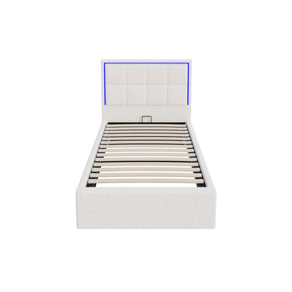 Bed Frame King Single & Double Size RGB LED Gas Lift Storage Base White Boucle