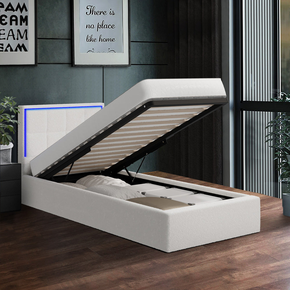 Bed Frame King Single & Double Size RGB LED Gas Lift Storage Base White Boucle