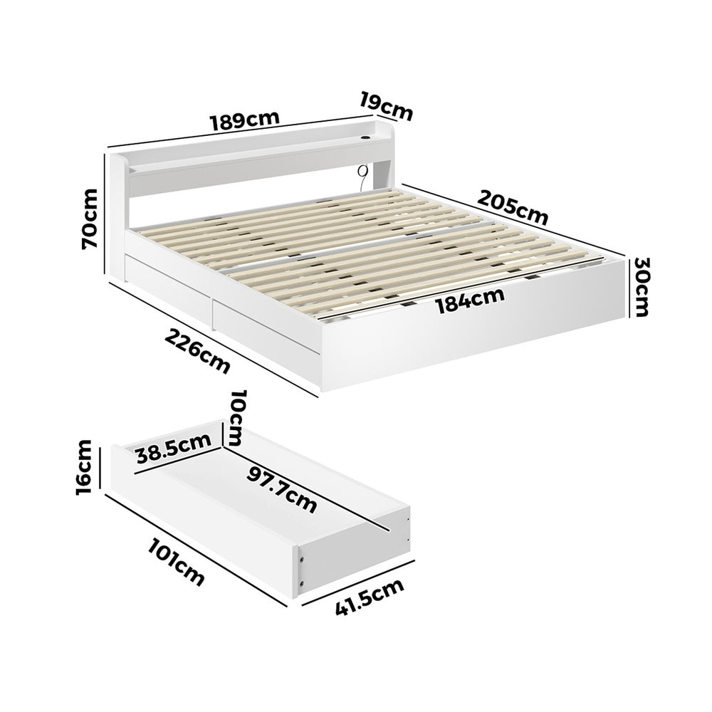 Single Queen King & Double Bed Frame with USB Charging Ports & 2 Storage Drawers Bedroom Furniture