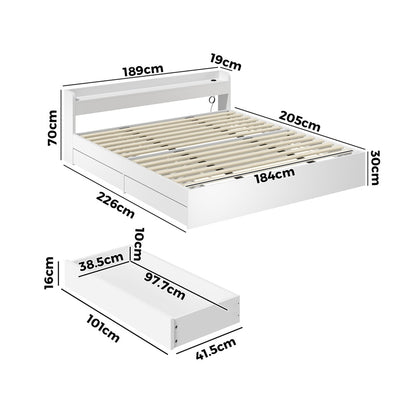 Single Queen King & Double Bed Frame with USB Charging Ports & 2 Storage Drawers Bedroom Furniture