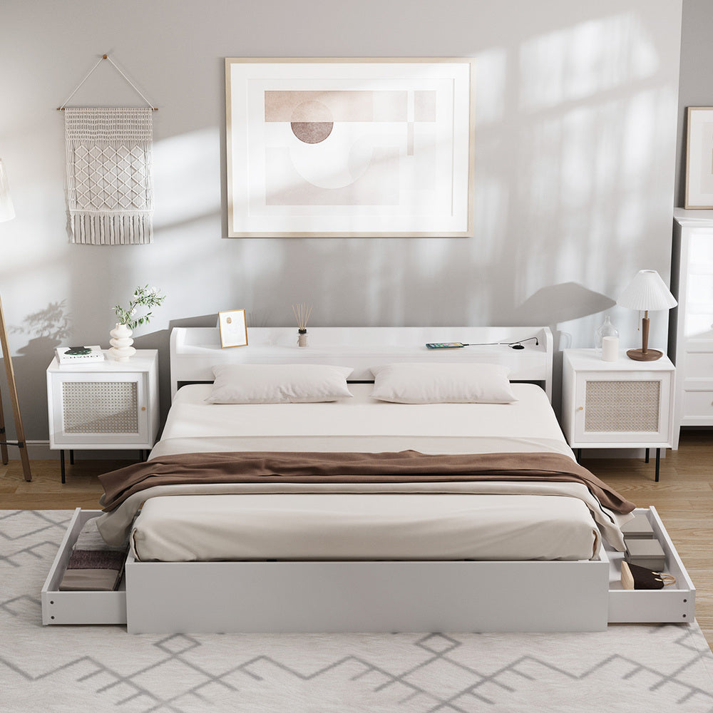 Single Queen King & Double Bed Frame with USB Charging Ports & 2 Storage Drawers Bedroom Furniture