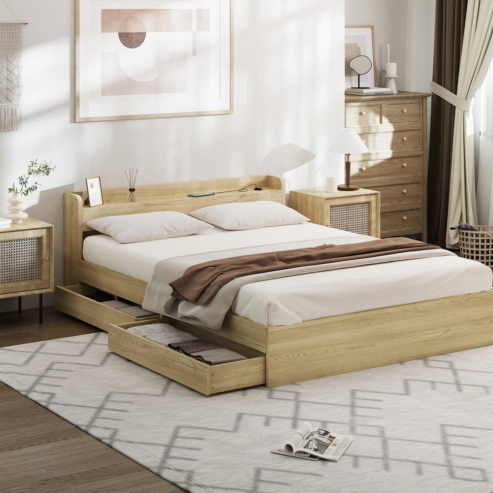 Single Queen King & Double Bed Frame with USB Charging Ports & 2 Storage Drawers Bedroom Furniture