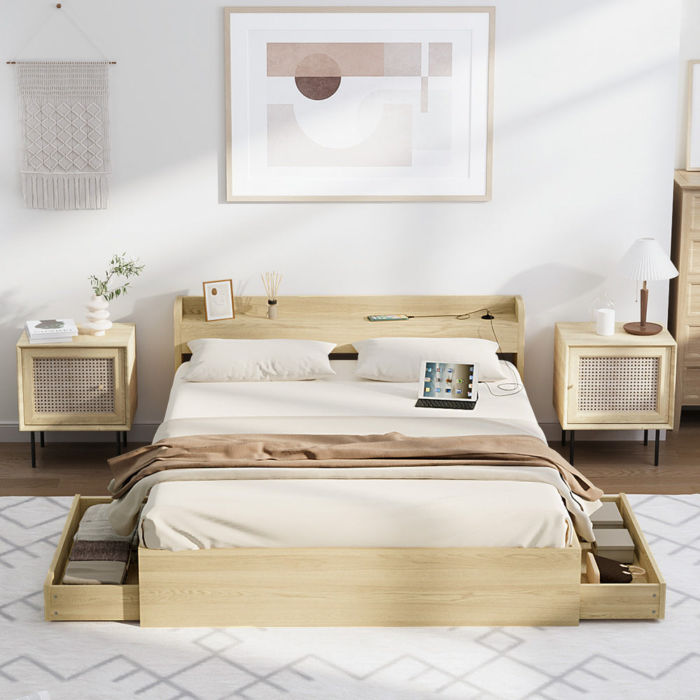 Single Queen King & Double Bed Frame with USB Charging Ports & 2 Storage Drawers Bedroom Furniture