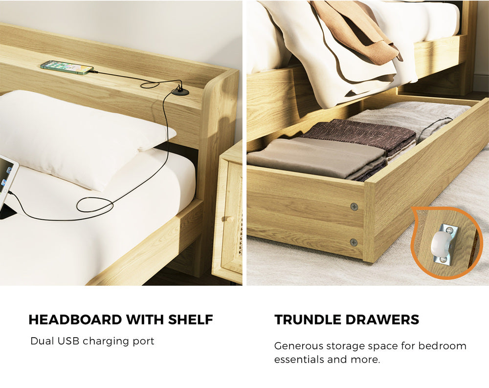 Single Queen King & Double Bed Frame with USB Charging Ports & 2 Storage Drawers Bedroom Furniture
