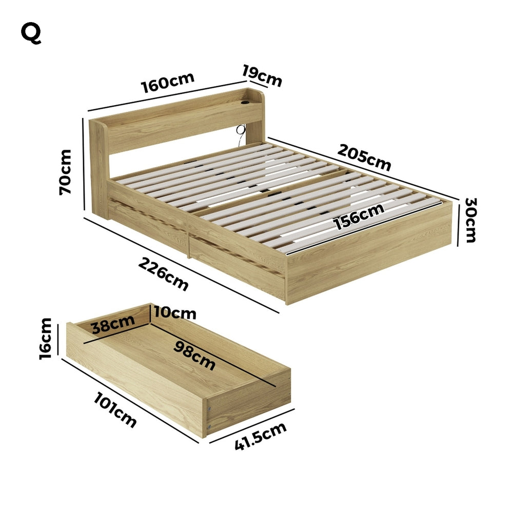 Single Queen King & Double Bed Frame with USB Charging Ports & 2 Storage Drawers Bedroom Furniture