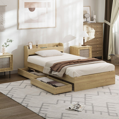 Single Queen King & Double Bed Frame with USB Charging Ports & 2 Storage Drawers Bedroom Furniture