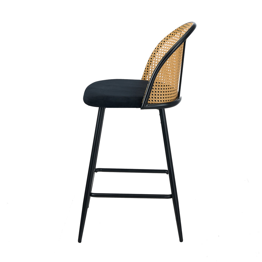 2x Bar Stools Rattan Dining Chair Velvet Black