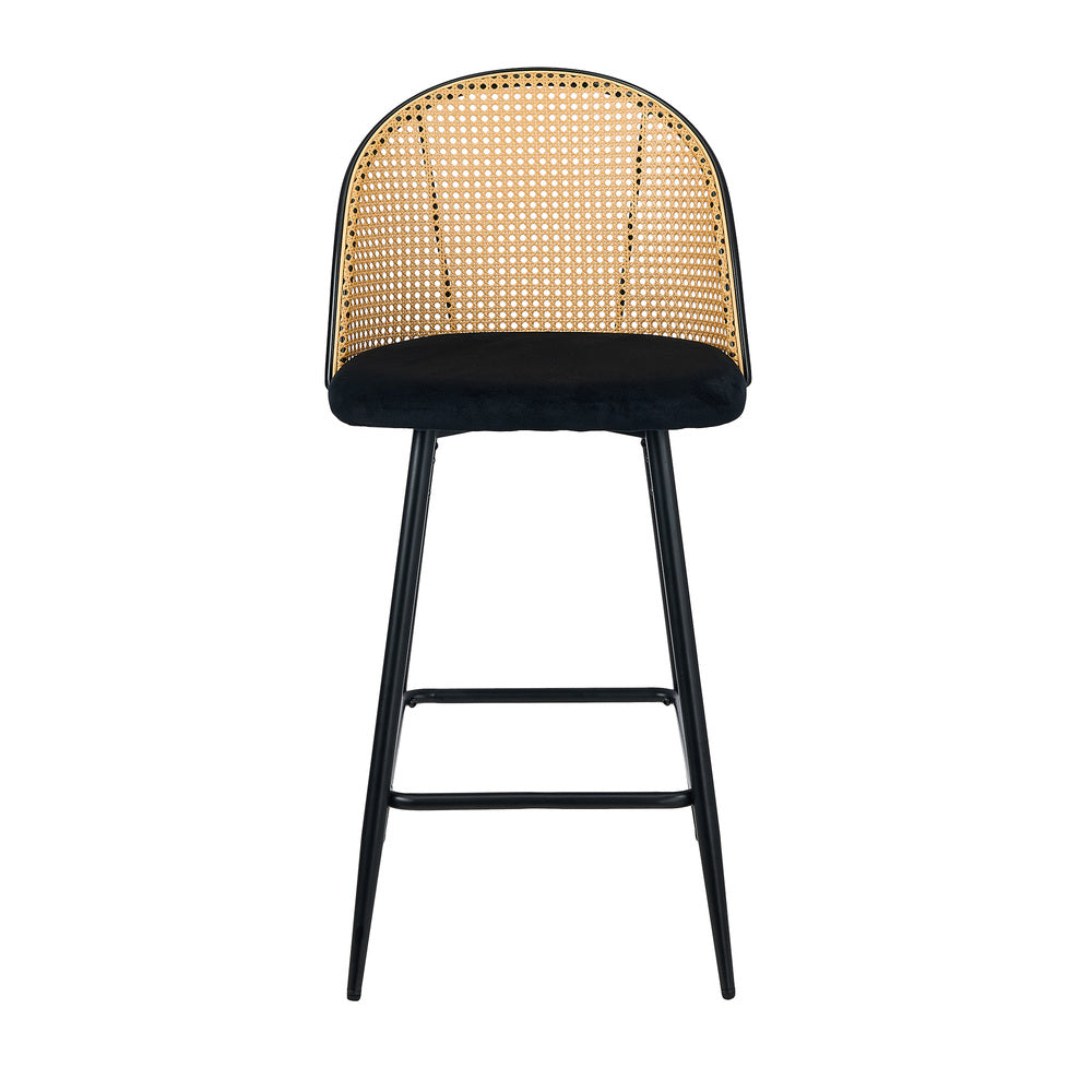 4x Bar Stools Rattan Dining Chair Velvet Black