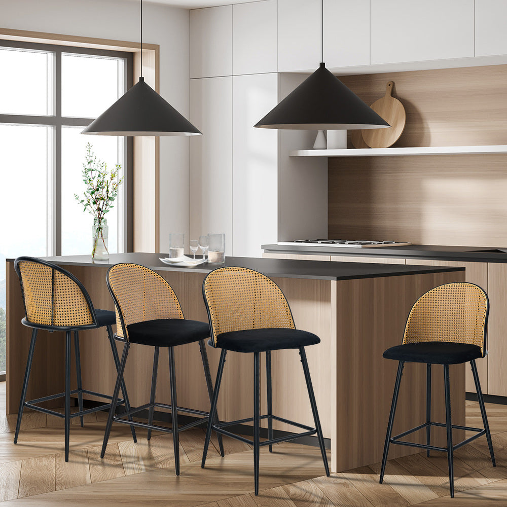 4x Bar Stools Rattan Dining Chair Velvet Black