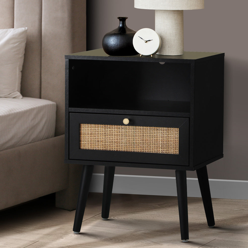 Bedside Table Storage Drawer Shelf Rattan Black
