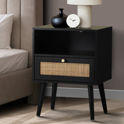 Bedside Table Storage Drawer Shelf Rattan Black