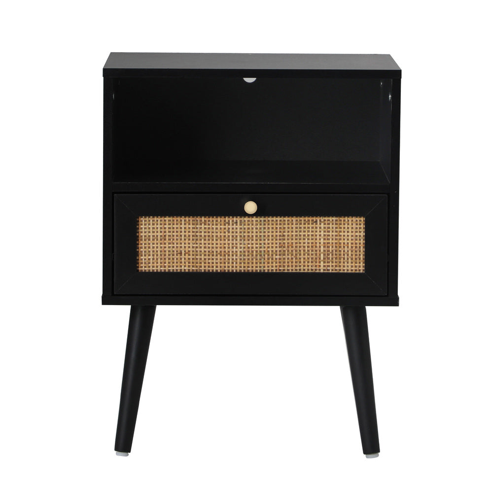 Bedside Table Storage Drawer Shelf Rattan Black