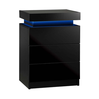 Bedside Table RGB LED Nightstand Cabinet 3 Drawers Side Table Furniture Black