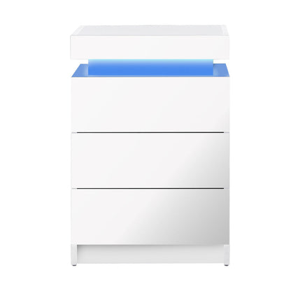 Bedside Table RGB LED Nightstand Cabinet 3 Drawers Side Table Furniture White