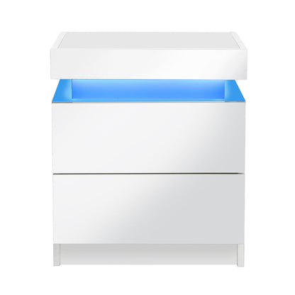 Bedside Table RGB LED Nightstand Cabinet 2 Drawers Side Table Furniture White