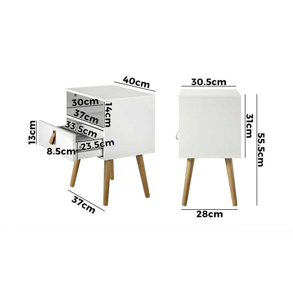 2X Bedside Tables with Leather Handle White