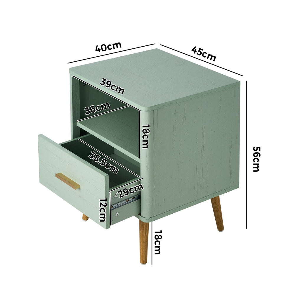 2x Bedside Table 1 Drawer Open Shelf Nightstand Green