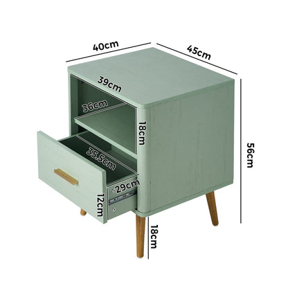 2x Bedside Table 1 Drawer Open Shelf Nightstand Green