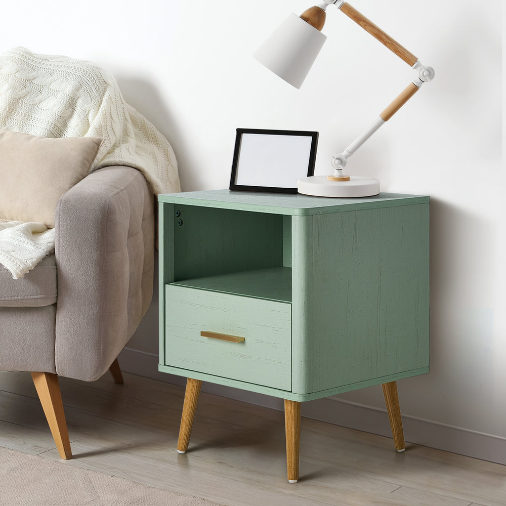 2x Bedside Table 1 Drawer Open Shelf Nightstand Green