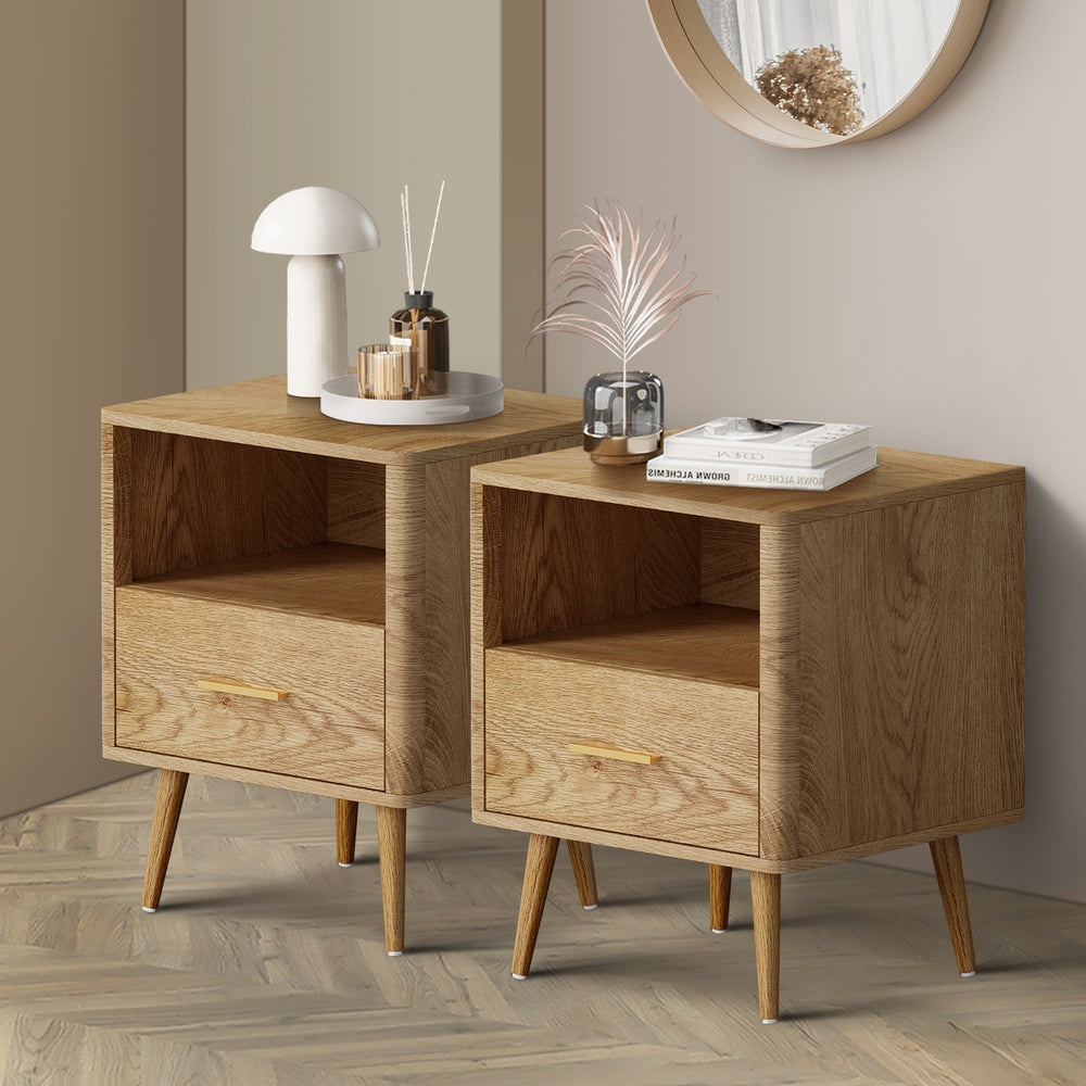 2x Bedside Table 1 Drawer Open Shelf Nightstand Green