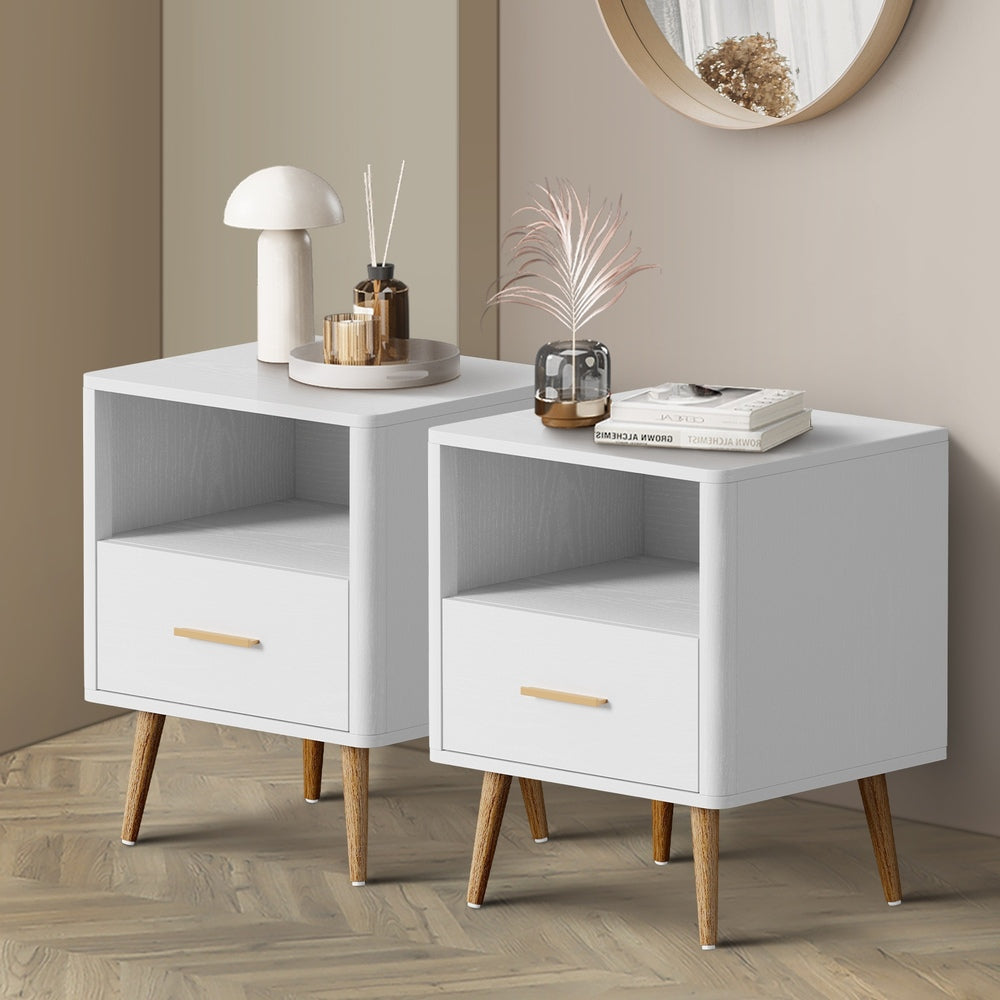 2x Bedside Table 1 Drawer Open Shelf Nightstand Green