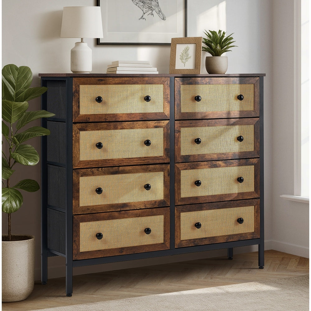 27 &8-Drawer Chest Rattan Fabric Dresser Tallboy Retro Vintage Bedroom Storage