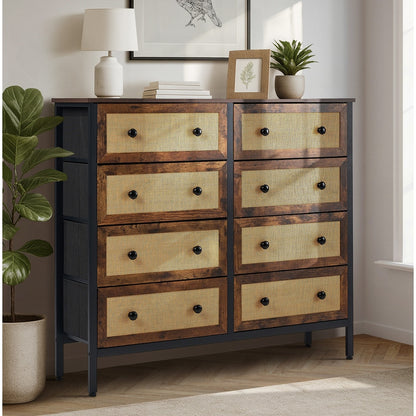 27 &8-Drawer Chest Rattan Fabric Dresser Tallboy Retro Vintage Bedroom Storage