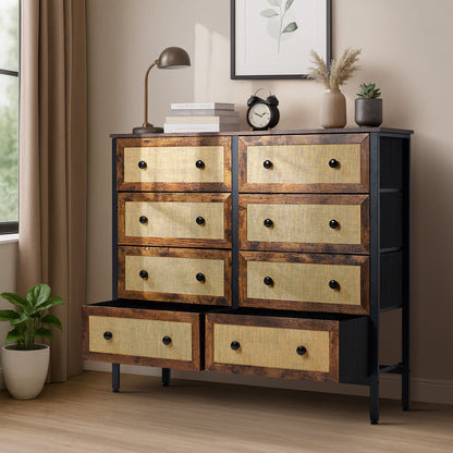 22 &8-Drawer Chest Rattan Fabric Dresser Tallboy Retro Vintage Bedroom Storage