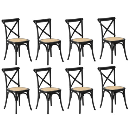 8PCS Crossback Dining Chair Solid Wood Ratan Seat Black