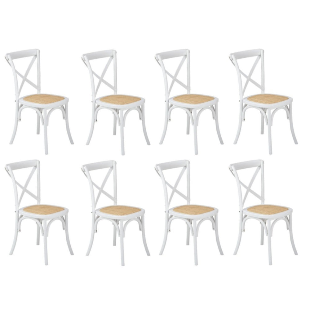 8PCS Crossback Dining Chair Solid Wood Ratan Seat White
