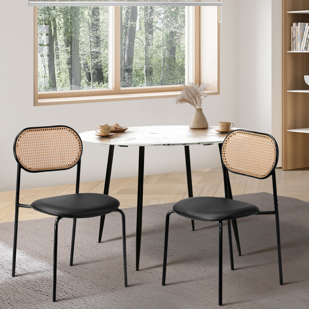 2PCS Rattan Dining Chair Sherpa PU Leather White/Black