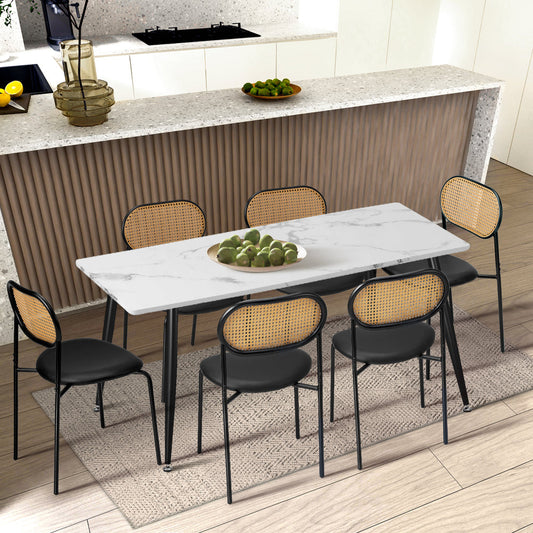 2PCS Rattan Dining Chair Sherpa PU Leather White/Black
