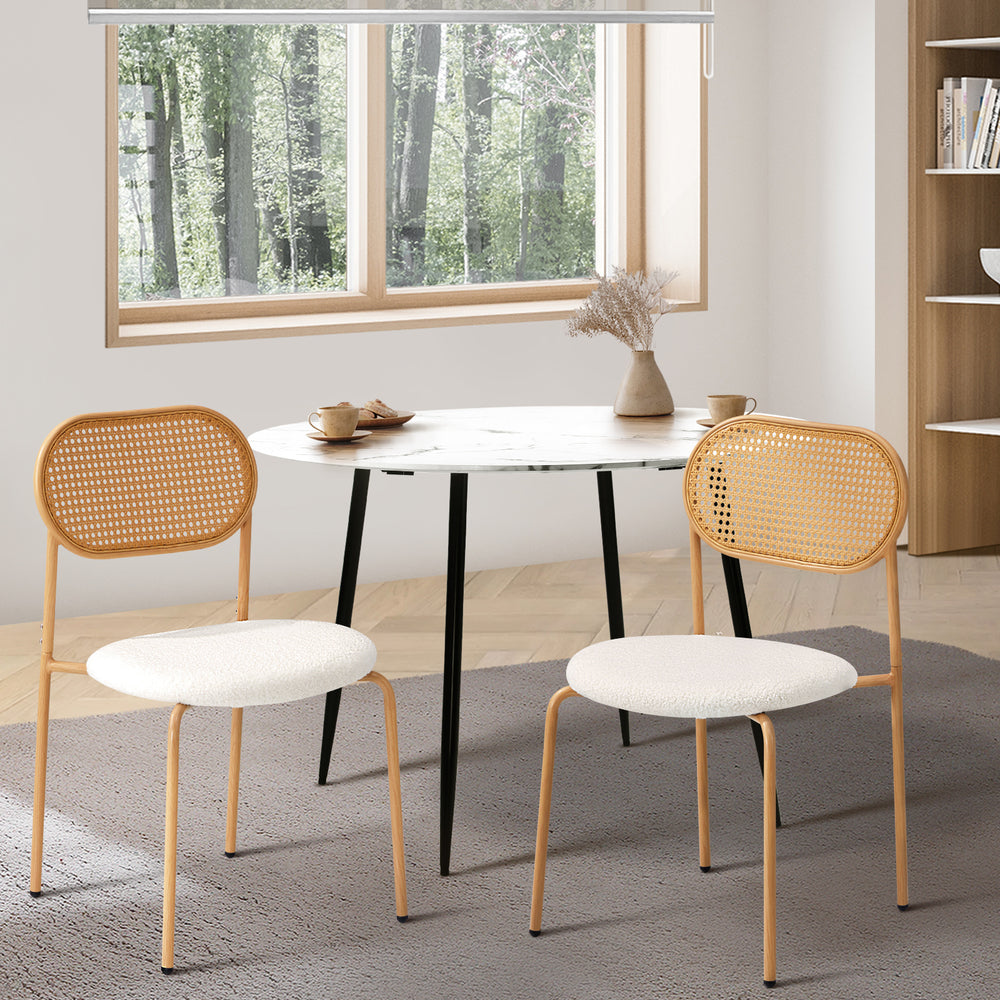 2PCS Rattan Dining Chair Sherpa PU Leather White/Black