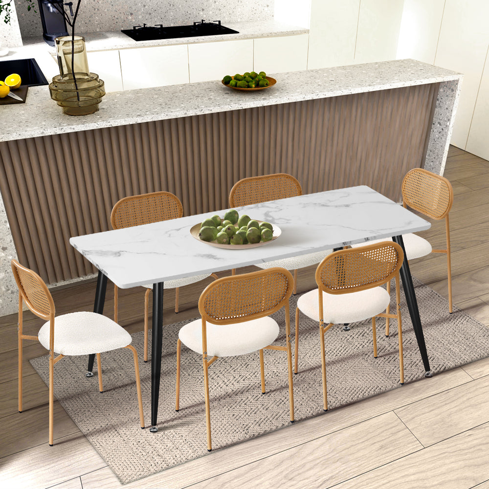 2PCS Rattan Dining Chair Sherpa PU Leather White/Black